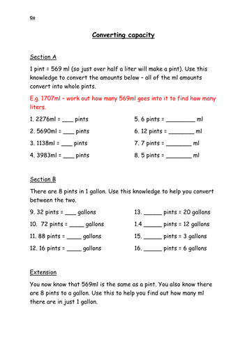 Capacity - ml, L and pints (2 Way Differentiation