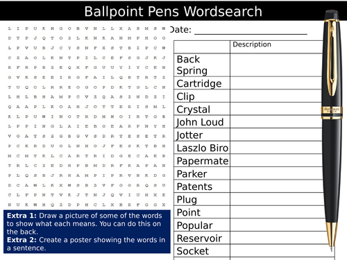 BallPoint Pens Wordsearch Writing Communication Starter Settler Activity Homework Cover Lesson