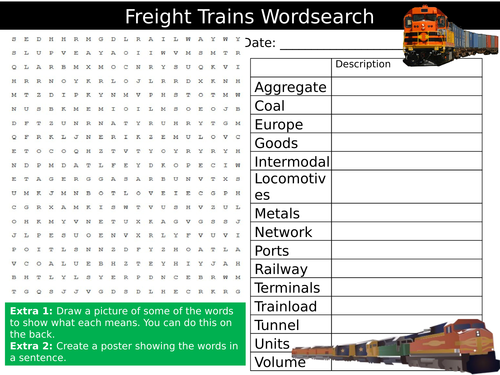 Freight Trains Wordsearch Transport Railways Starter Settler Activity Homework Cover Lesson