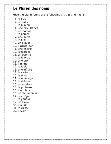 Pluriel des noms (Plural nouns in French) worksheet