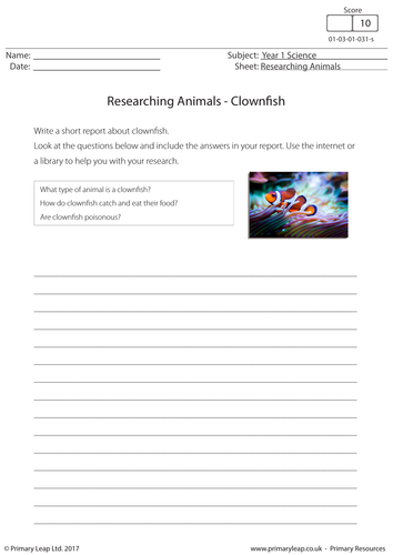 Science Worksheet - Researching Animals: Clownfish