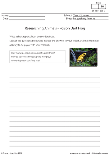 Science Worksheet - Researching Animals: Poison Dart Frog