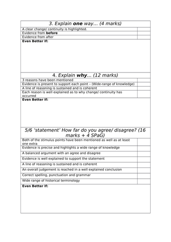 Warfare Through Time Section B mark sheet
