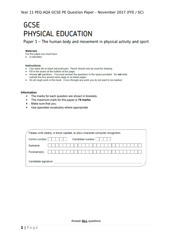 AQA GCSE PE - Paper 1 year 11 PEQ (Mock) question paper, mark scheme and diagnostic FB sheet