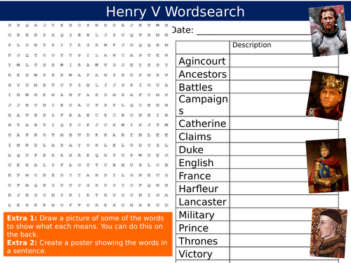King Henry V Fifth Wordsearch History Starter Settler Activity Homework Cover Lesson