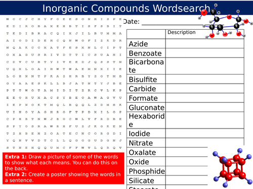 Inorganic Compounds Wordsearch Science Chemistry Starter Settler Activity Homework Cover Lesson