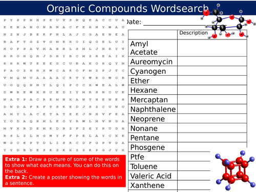Organic Compounds Wordsearch Science Chemistry Starter Settler Activity Homework Cover Lesson