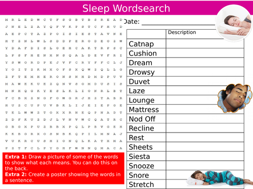Sleep Wordsearch Rest Healthy Lifestyle Starter Settler Activity Homework Cover Lesson