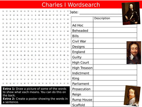 King Charles I First Wordsearch History Starter Settler Activity Homework Cover Lesson