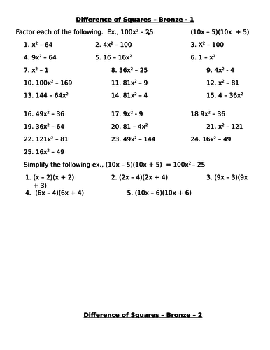 Difference of Squares worksheets - basic to challenge level