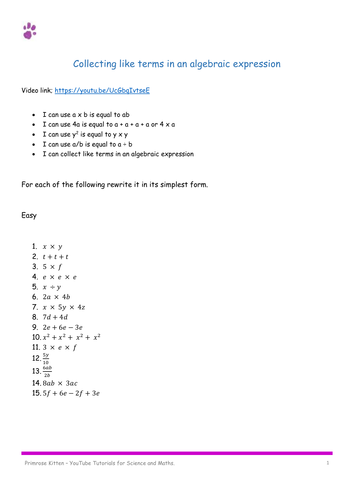 Collecting like terms in an algebraic expression. 30 questions and answers. Easy and medium level