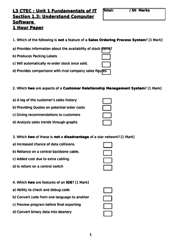 CTEC IT - Cambridge Technicals in IT (2016) - Unit 1: Fundamentals of IT - Section LO3 Test