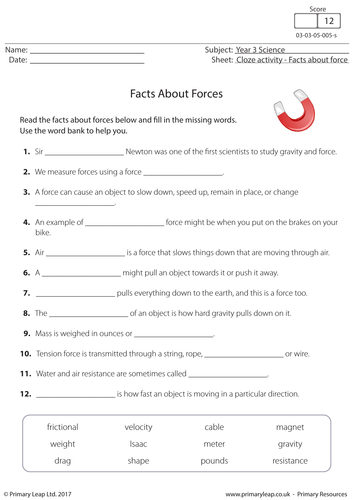 Cloze Activity - Facts About Forces