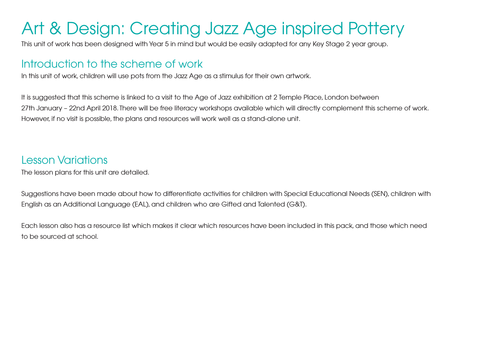 KS2 Art Resource Pack: Creating Jazz Age inspired Pottery