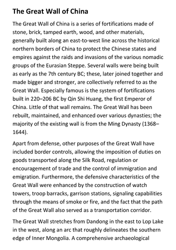 The Great Wall of China Handout