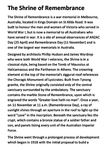 The Shrine of Remembrance Handout