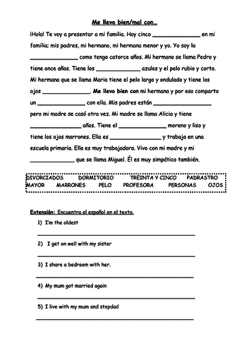 Spanish new GCSE - Family relationships worksheet