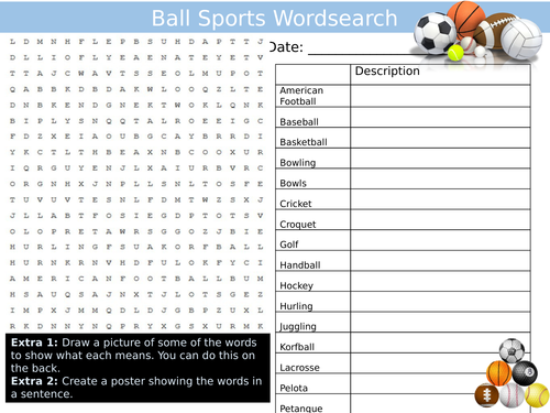 Ball Sports Wordsearch PE Physical Education Games Starter Settler Activity Homework Cover Lesson