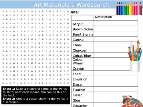Art Materials 1 Wordsearch Art & Design Starter Settler Activity Homework Cover Lesson