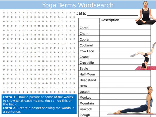 Yoga Terms Wordsearch Keeping Fit PE Starter Settler Activity Homework Cover Lesson