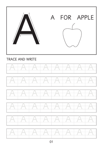 Set of simple capital letters A-A to Z-Z line worksheets with pictures