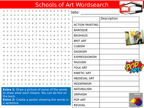 Schools of Art Wordsearch Art & Design Styles Starter Settler Activity Homework Cover Lesson