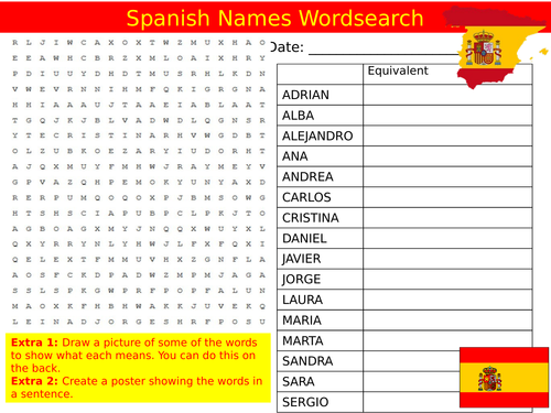 Spanish Names Wordsearch Countries & Culture Starter Settler Activity Homework Cover Lesson