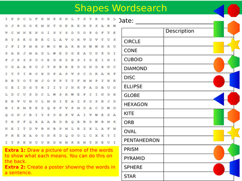 Shapes Wordsearch Maths Geometry Angles Starter Settler Activity Homework Cover Lesson