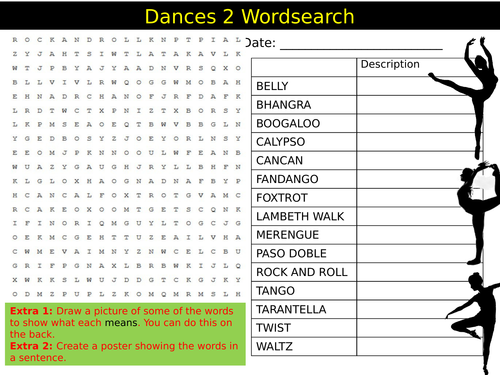 Types of Dances 2 Wordsearch Dancing Starter Settler Activity Homework Cover Lesson