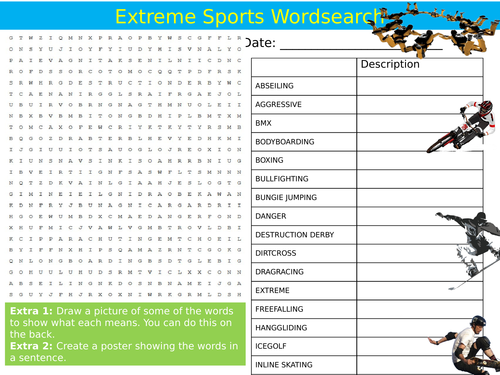 Extreme Sports Wordsearch PE Physical Education Starter Settler Activity Homework Cover Lesson