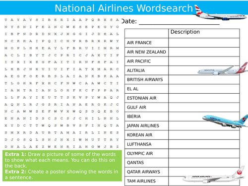 National Airlines Wordsearch Planes Transport Starter Settler Activity Homework Cover Lesson