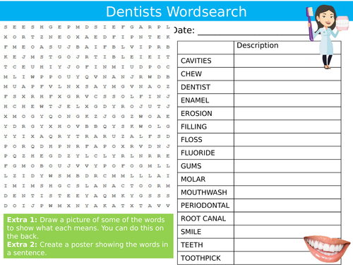 Dentists Wordsearch Dental Hygiene Teeth Starter Settler Activity Homework Cover Lesson