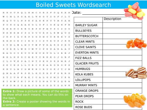 Boiled Sweets Wordsearch Food Technology Starter Settler Activity Homework Cover Lesson