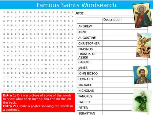 Famous Saints Wordsearch RE Religious Education Starter Settler Activity Homework Cover Lesson