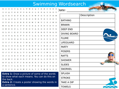 Swimming Wordsearch PE Sports Starter Settler Activity Homework Cover Lesson