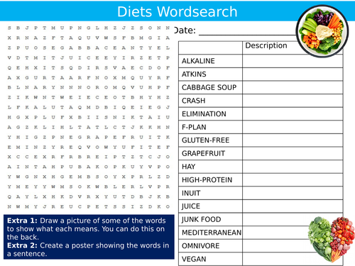 Diets Wordsearch Food Technology Starter Settler Activity Homework Cover Lesson
