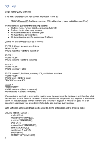 SQL Examples Help Sheet