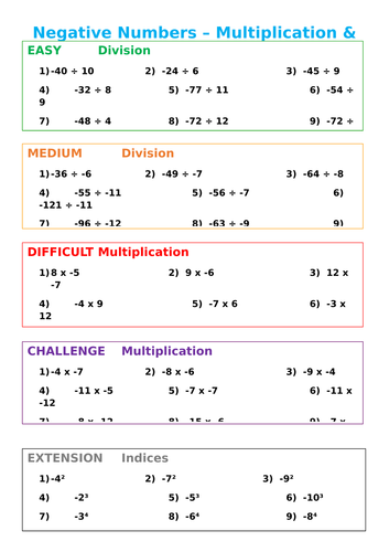 Negative Numbers with Multiplication & Division - Differentiated