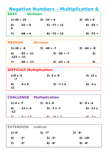  Negative Numbers With Multiplication Division Differentiated Teaching Resources
