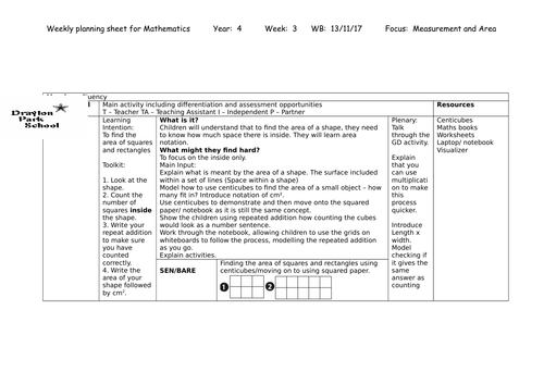 Area of 2D Shapes - Year 4 - Maths Planning and Resources