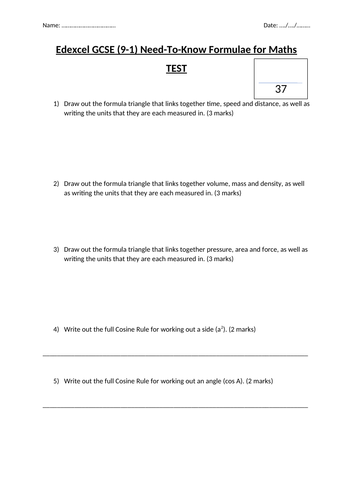 9-1 Maths Formula Knowledge Test UPDATED