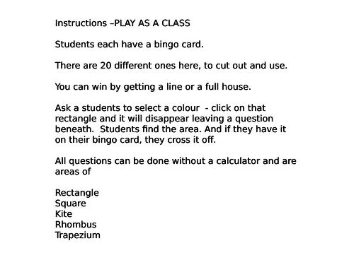 Area of quadrilaterals Bingo game