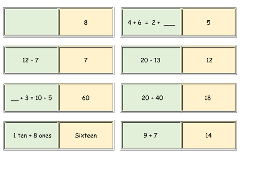 Addition and subtraction facts to 20 (Y2) - Dominoes Game