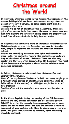 Christmas Around the World Reading Comprehension