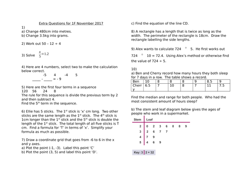 Extra Questions for Maths GCSE Edexcel 1F November 2017 (Answers now included)