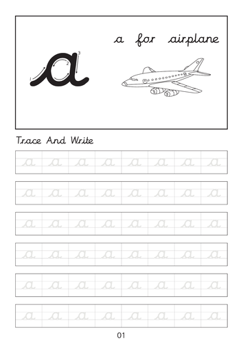 Set of cursive small letters a to z line worksheets sheets with pictures