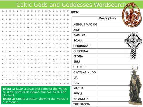 Celtic Gods & Goddesses Wordsearch RE Religious Starter Settler Activity Homework Cover Lesson