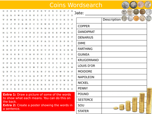 Coins Wordsearch Money Finance Business History Starter Settler Activity Homework Cover Lesson