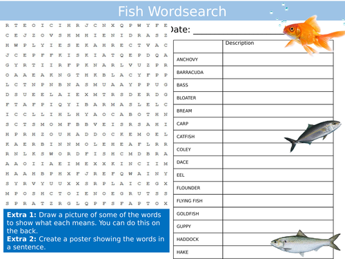 Fish Wordsearch Animals Nature The Sea Starter Settler Activity Homework Cover Lesson
