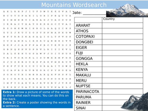 Mountains Wordsearch Geography Starter Settler Activity Homework Cover Lesson